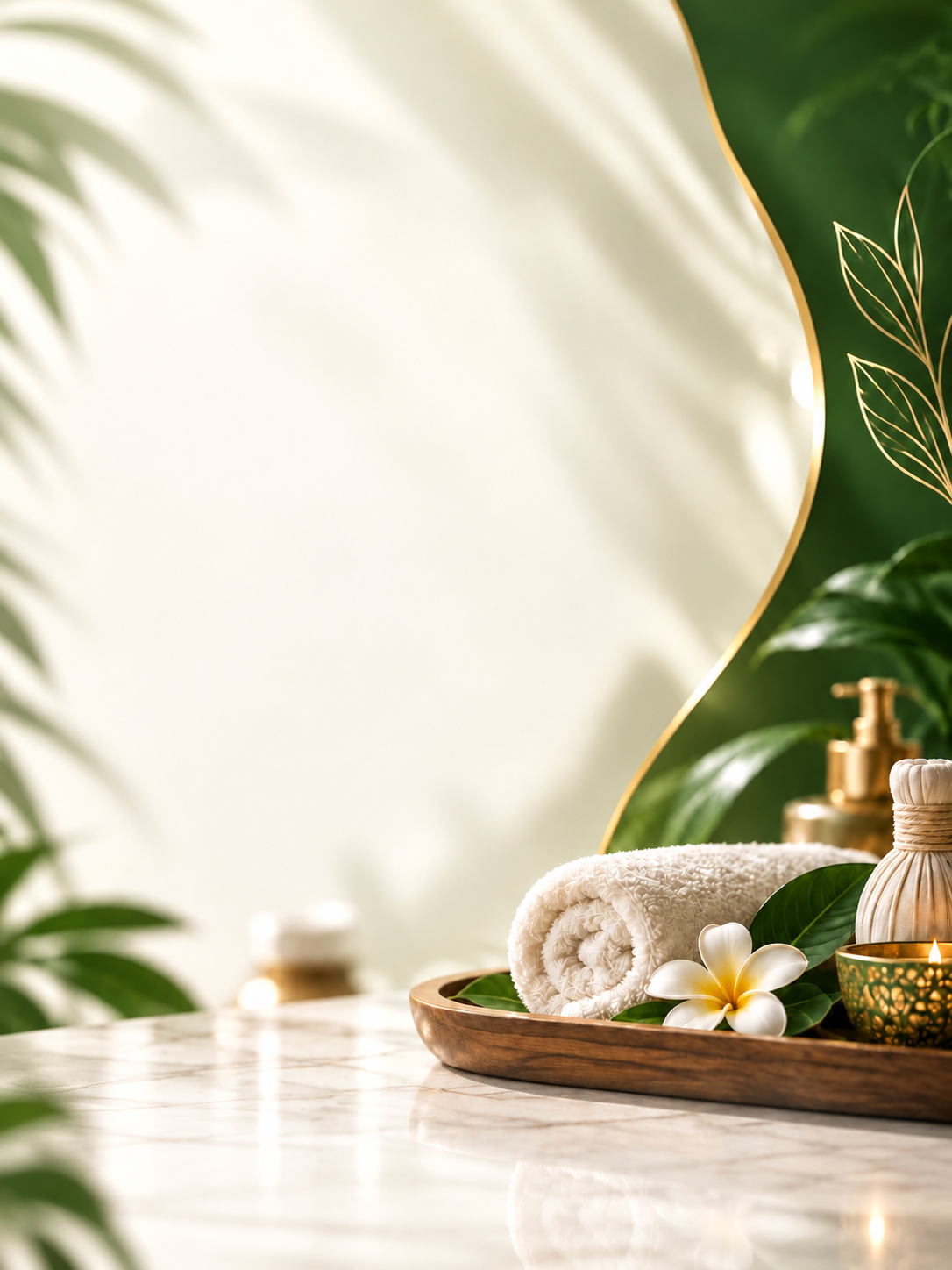 Spa towels, flowers, and warm candlelight surrounded by tropical greenery